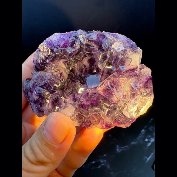 Purple and clear fluorite cluster with sparkling druse — alternate view