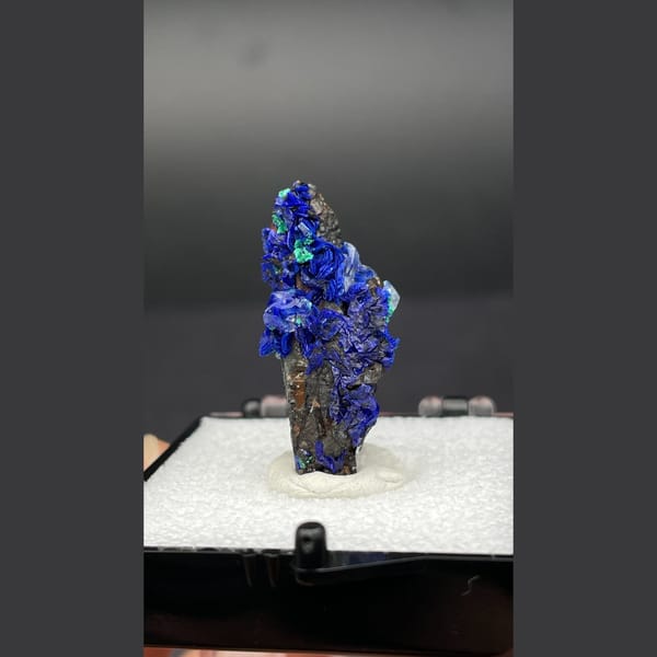Deep blue azurite with malachite on limonite-coated quartz from Morocco — detail view