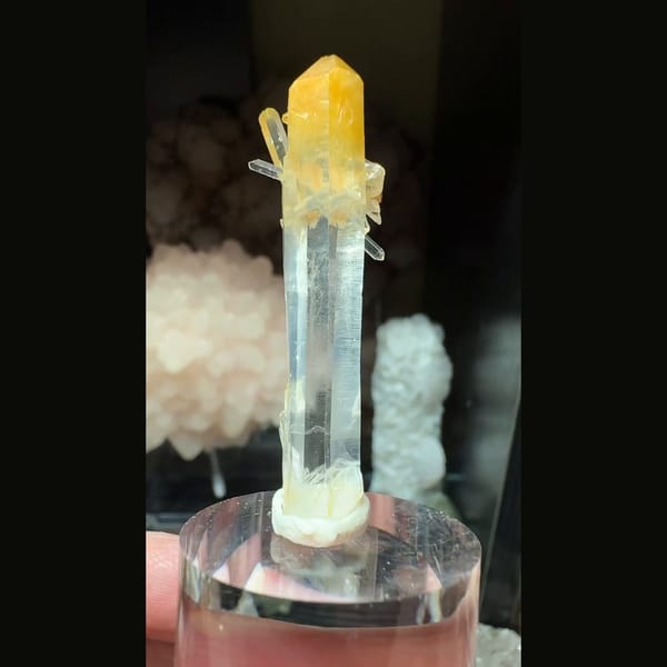 Slender mango-tipped quartz with small sprouts from Colombia — complete view