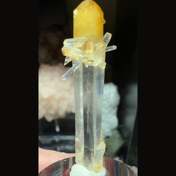 Slender mango-tipped quartz with small sprouts from Colombia — alternate view