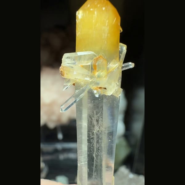 Slender mango-tipped quartz with small sprouts from Colombia — alternate view