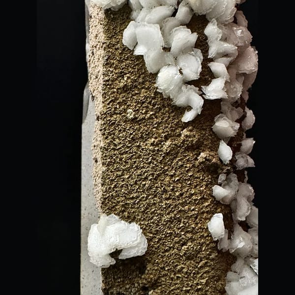 Slender quartz crystal with white petal calcite from Inner Mongolia — detail view