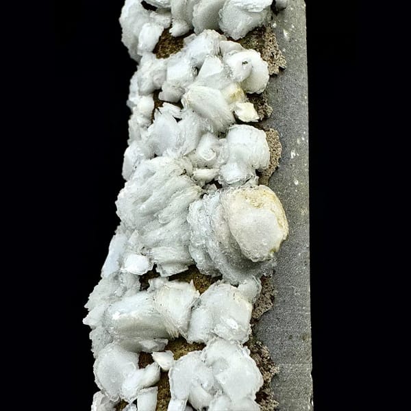 Slender quartz crystal with white petal calcite from Inner Mongolia — detail view