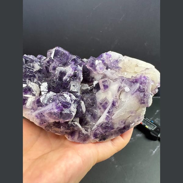 Large deep purple fluorite cluster with white quartz from Henan — alternate view