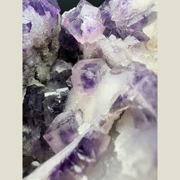 Large deep purple fluorite cluster with white quartz from Henan — alternate view