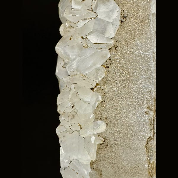 Slender quartz crystal with clear petal calcite from Inner Mongolia — detail view