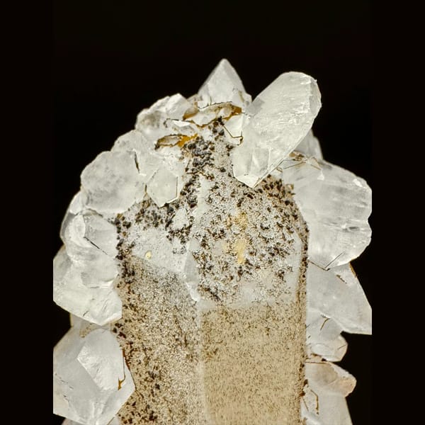 Slender quartz crystal with clear petal calcite from Inner Mongolia — detail view