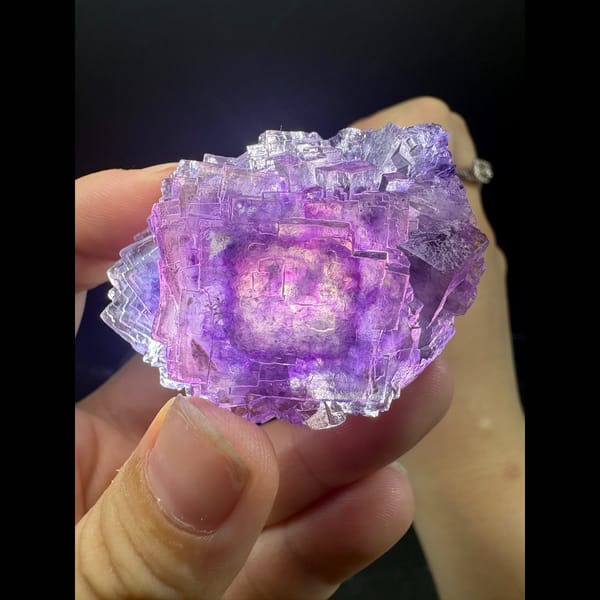 Stepped, flower-like purple fluorite crystal from Henan — complete view