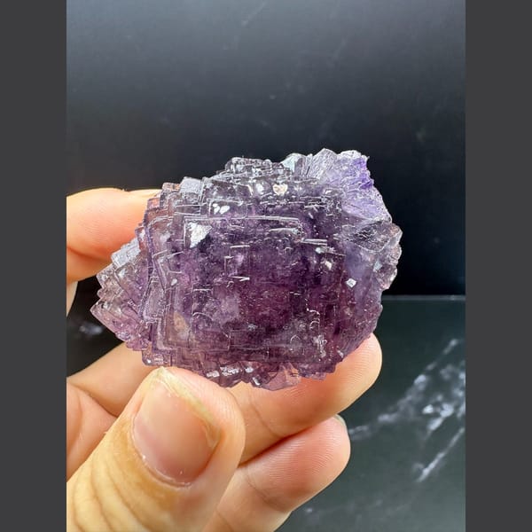 Stepped, flower-like purple fluorite crystal from Henan — alternate view