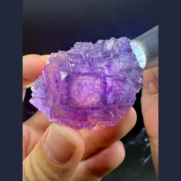 Stepped, flower-like purple fluorite crystal from Henan — alternate view