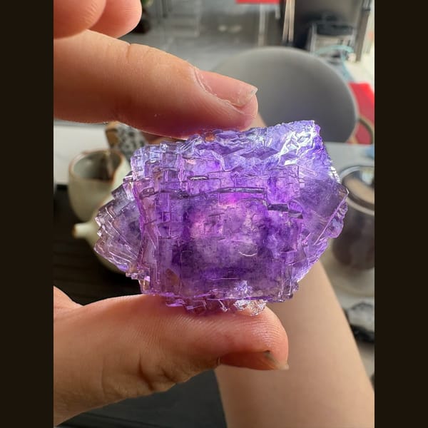 Stepped, flower-like purple fluorite crystal from Henan — detail view