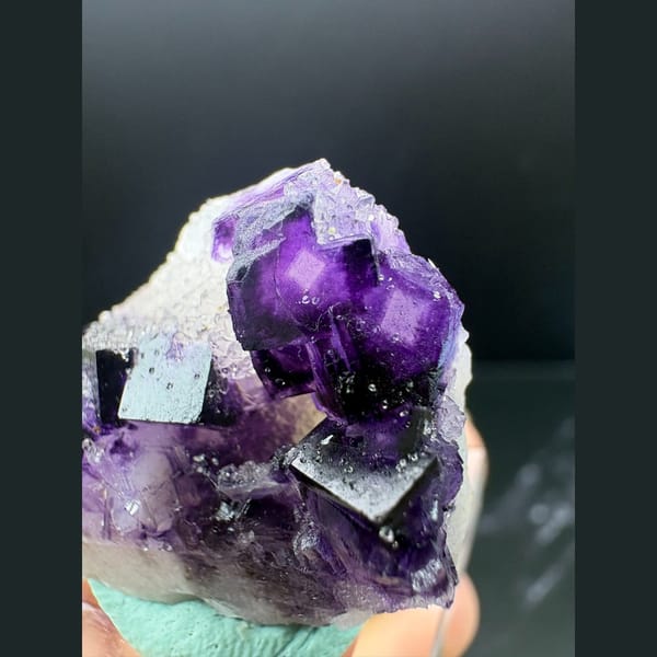 Deep purple fluorite cubes with white sugary druse from Henan — complete view
