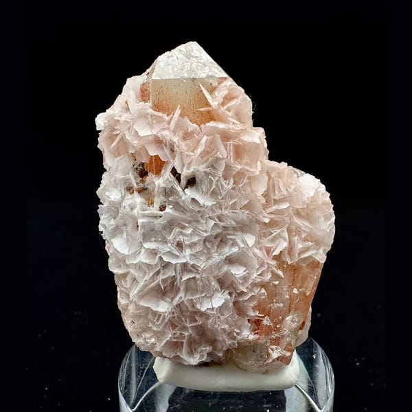 Quartz crystal with pale pink petal calcite from Inner Mongolia — complete view