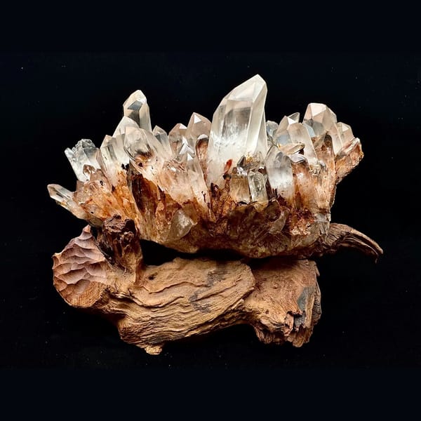 Large clear quartz cluster with red iron coating from Madagascar — alternate view