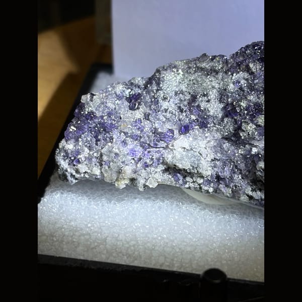 Sparkly blue fluorite with sugary quartz from Fujian — alternate view