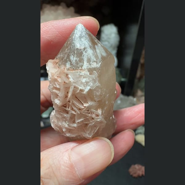 Quartz crusted with pink petal calcite from Inner Mongolia — complete view