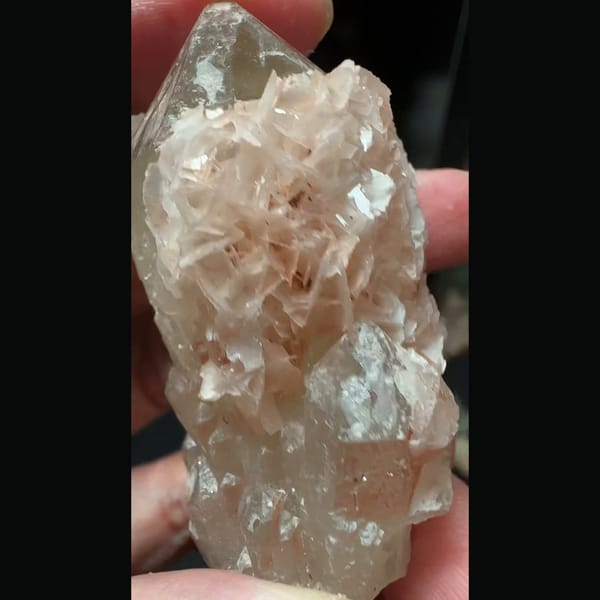 Quartz crusted with pink petal calcite from Inner Mongolia — alternate view