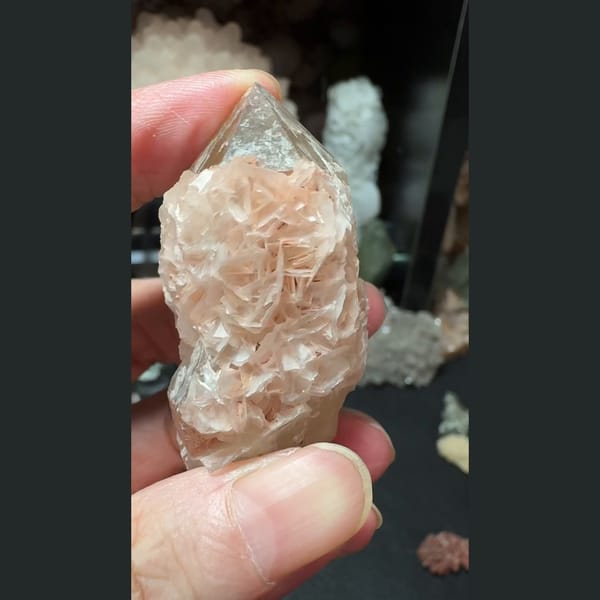Quartz crusted with pink petal calcite from Inner Mongolia — alternate view