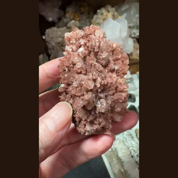 Sugary quartz with red-to-white calcite crust from Inner Mongolia — alternate view