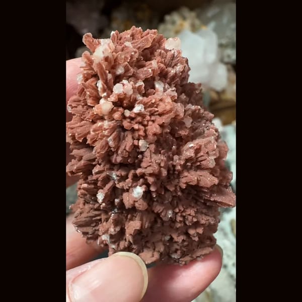 Sugary quartz with red-to-white calcite crust from Inner Mongolia — alternate view