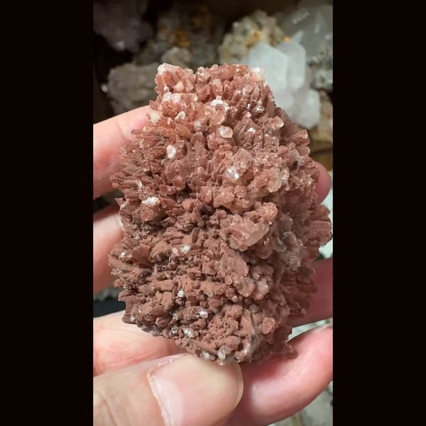 Sugary quartz with red-to-white calcite crust from Inner Mongolia — detail view
