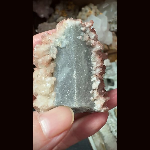 Sugary quartz with red-to-white calcite crust from Inner Mongolia — detail view