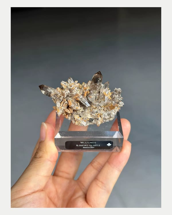 Complete front view of orange wulfenite with smoky quartz points
