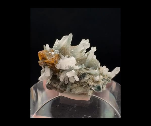 Complete front of green phantom quartz with brown garnet, Shijiangshan Inner Mongolia