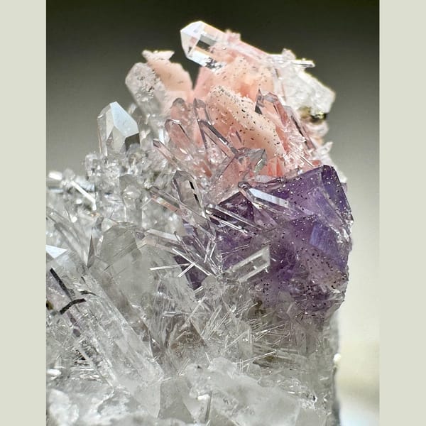 Rhodochrosite with Apatite on Quartz 3.0 cm — detail view