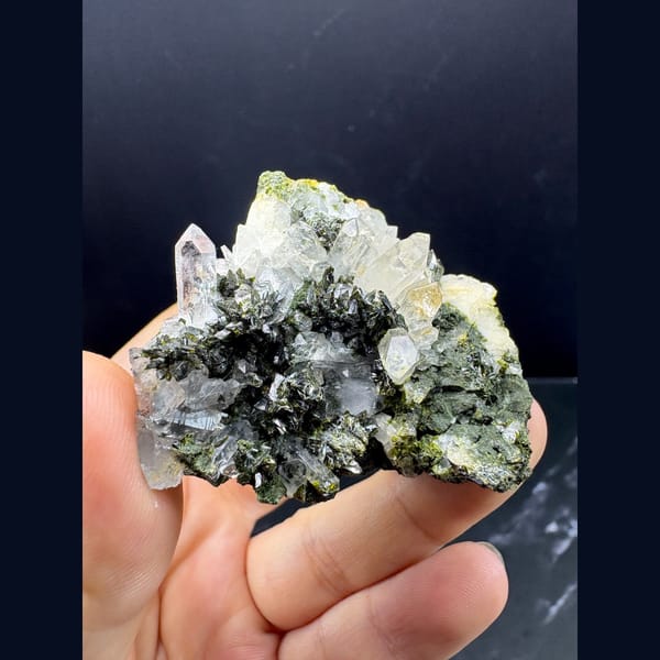 Dark green epidote crystals with clear quartz from Yunnan — complete view