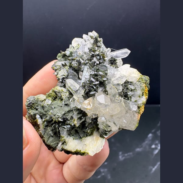 Dark green epidote crystals with clear quartz from Yunnan — alternate view
