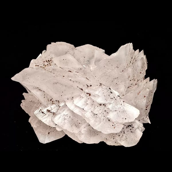 Pale pink petal calcite with pyrite from Shizhuyuan, Hunan — complete view
