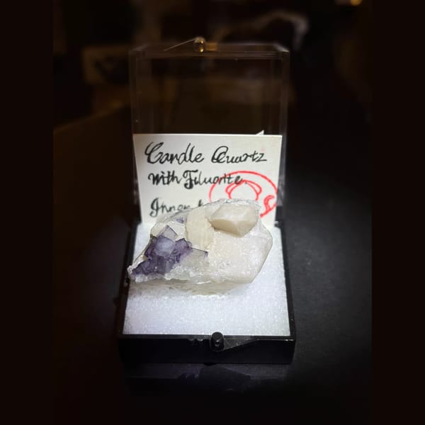 Candle quartz with purple fluorite — complete view