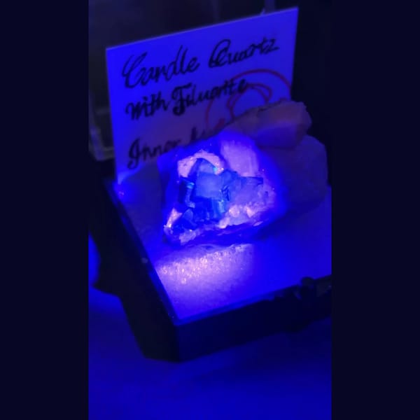Candle quartz with purple fluorite — alternate view