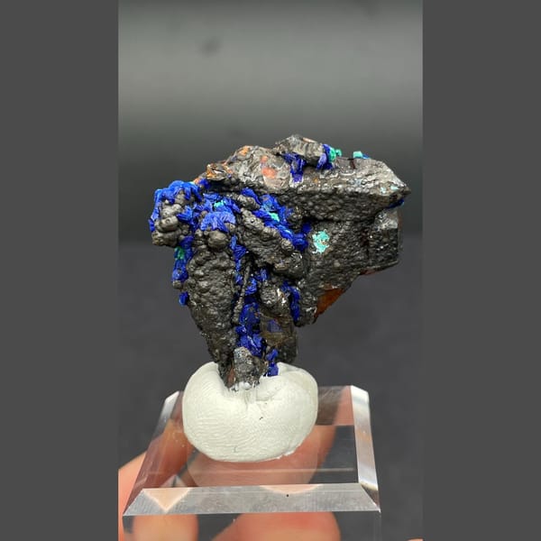 Quartz with blue azurite sprays and malachite from Morocco — complete view