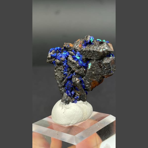 Quartz with blue azurite sprays and malachite from Morocco — alternate view