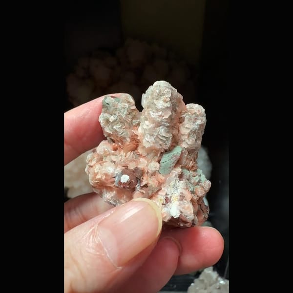 Sparkly quartz with salmon-pink petal calcite from Inner Mongolia — complete view