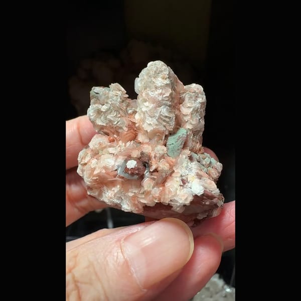 Sparkly quartz with salmon-pink petal calcite from Inner Mongolia — alternate view