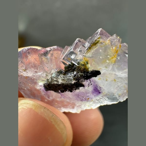 Lilac phantom fluorite with wolframite from Yaogangxian — alternate view