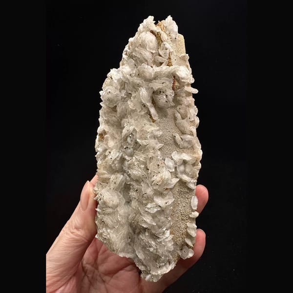 Broad sparkly quartz with white petal calcite and pyrite from Inner Mongolia — complete view