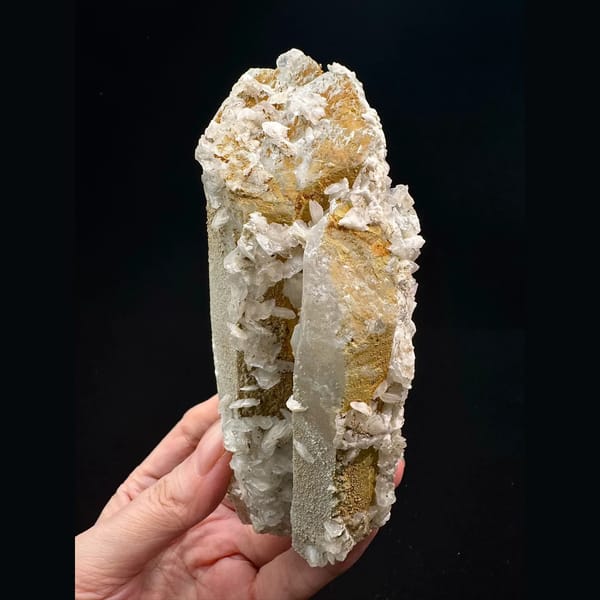 Broad sparkly quartz with white petal calcite and pyrite from Inner Mongolia — alternate view