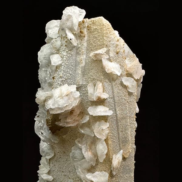 Broad sparkly quartz with white petal calcite and pyrite from Inner Mongolia — alternate view