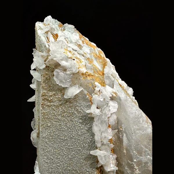 Broad sparkly quartz with white petal calcite and pyrite from Inner Mongolia — detail view
