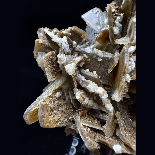 Golden bladed barite rosette with white dolomite from Sanmenxia, Henan — detail view