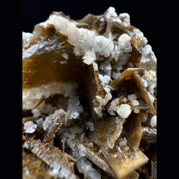 Golden bladed barite rosette with white dolomite from Sanmenxia, Henan — detail view