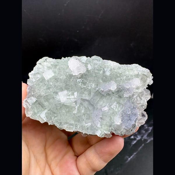 Icy glassy blue-purple fluorite plate with quartz from Fujian — alternate view