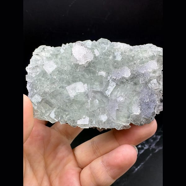 Icy glassy blue-purple fluorite plate with quartz from Fujian — alternate view