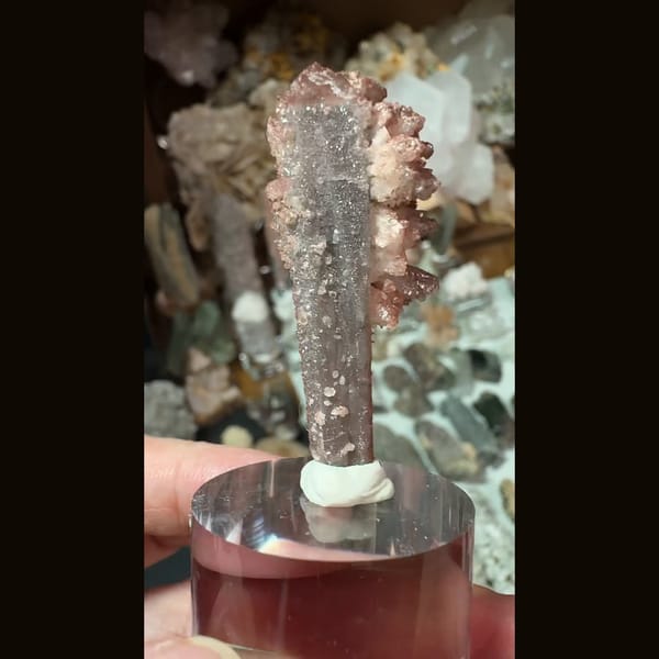 Quartz crystal crowned by red-to-white calcite sprays from Inner Mongolia — alternate view