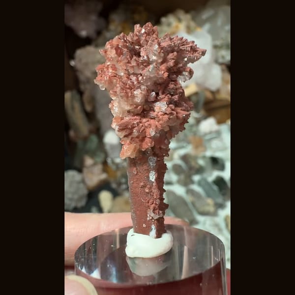 Quartz crystal crowned by red-to-white calcite sprays from Inner Mongolia — detail view