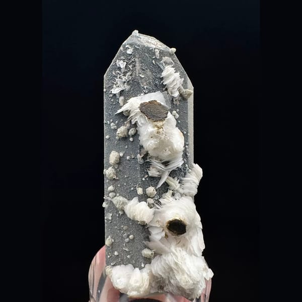 Small blue-grey coated quartz with white petal calcite from Inner Mongolia — complete view